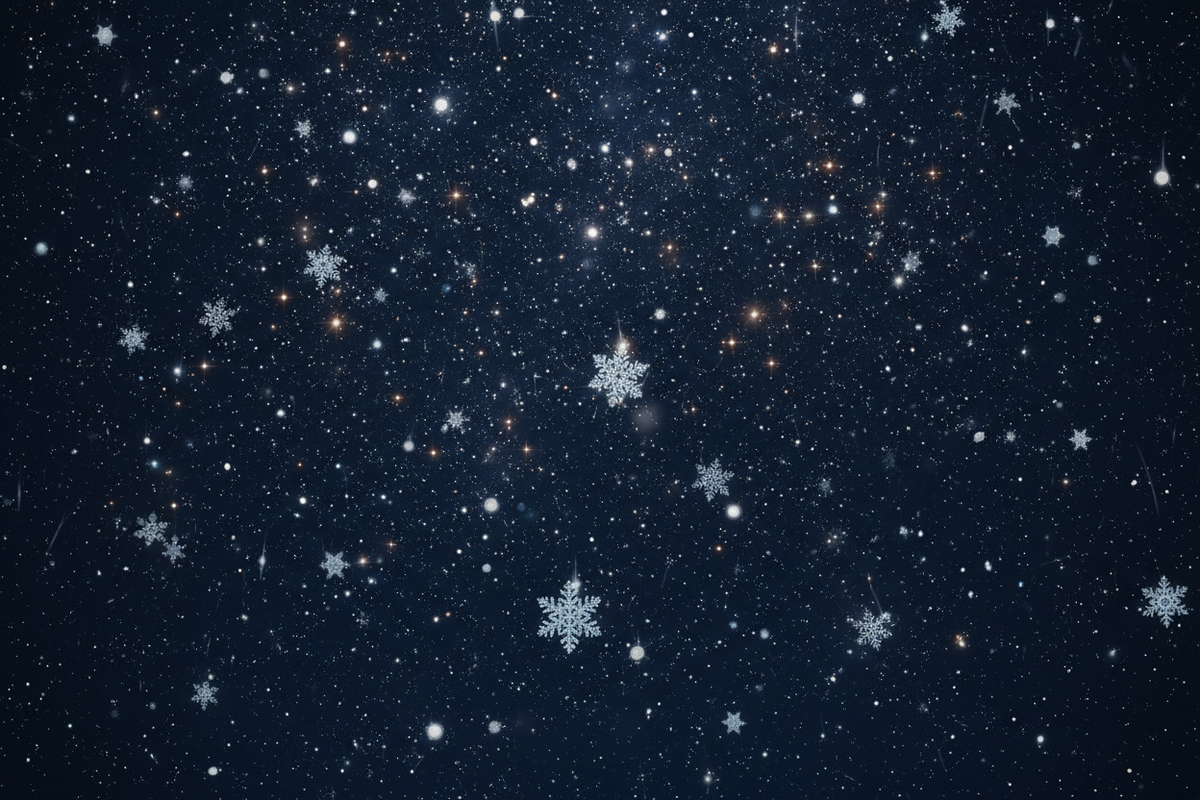 just a view of the sky. whimsical stary and snow. it is a dark backgound.